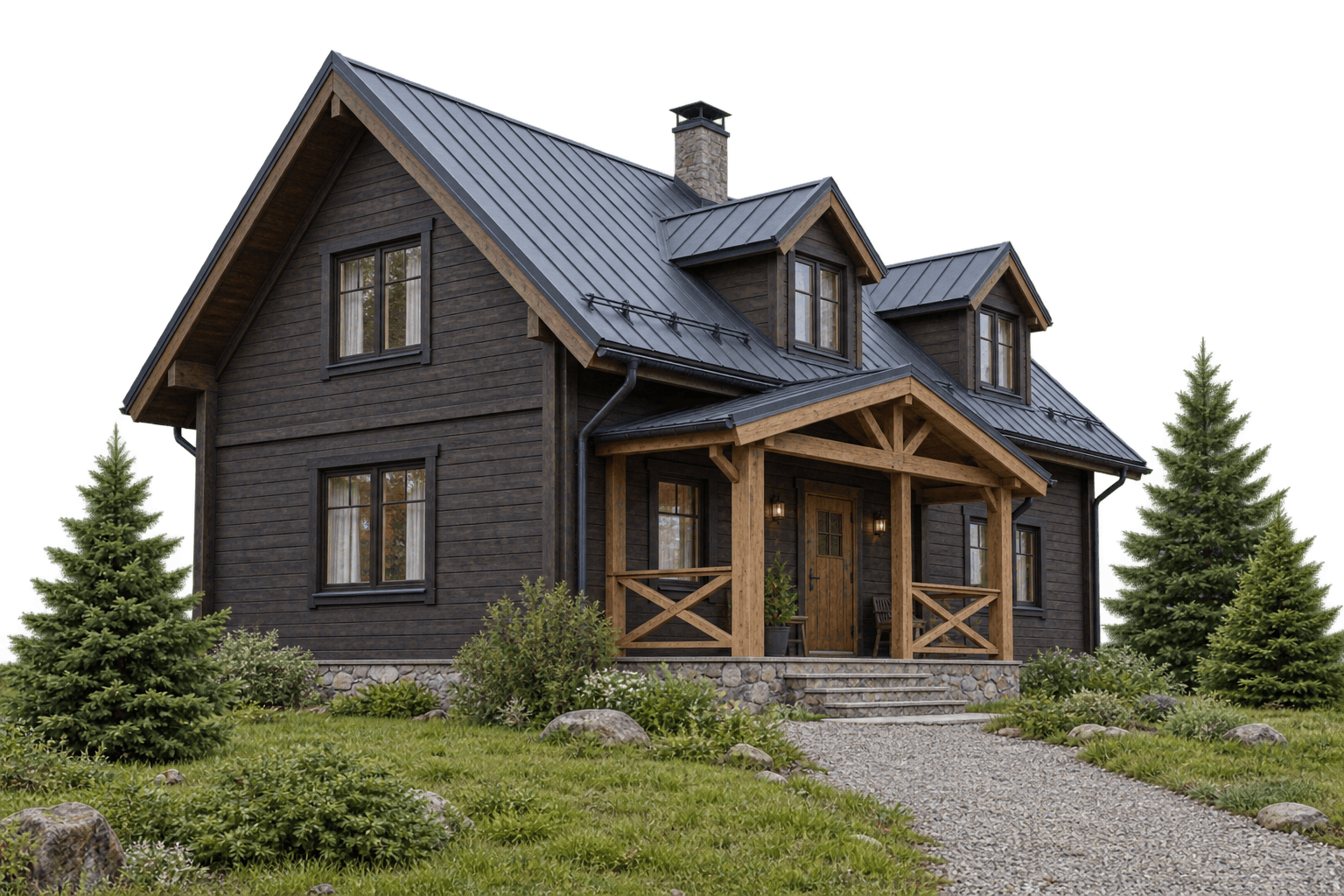 Каркасный дом с мансардой 118 м², тёмный фасад, слуховые окна