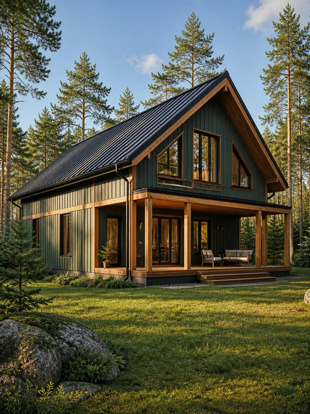 Двухэтажный каркасный дом «Корела» 152 м² с большой деревянной террасой